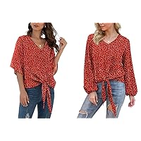 VIISHOW Womens Tie Front Knot Loose Fit V Neck Floral Blouses Chiffon Tops Shirts Batwing Short Sleeve & Lartern Sleeve(Two pcs XL Size)