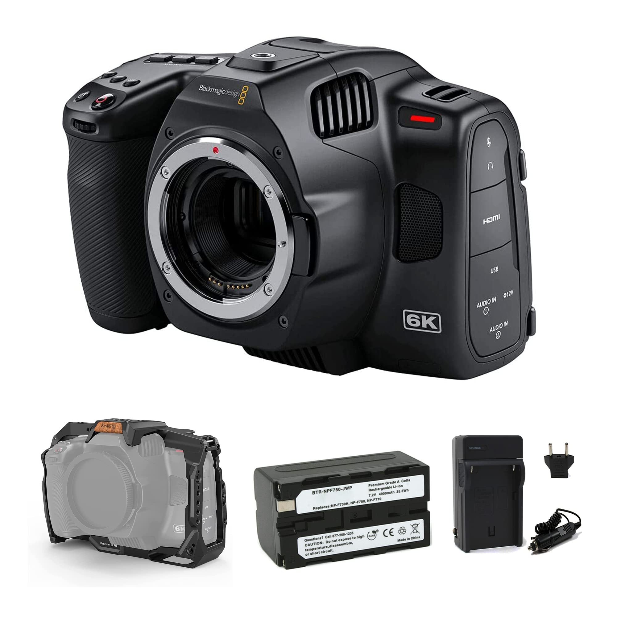 Blackmagic 6K Pro Pocket Design Cinema Camera for Canon EF | 13-Stop Dynamic Range, Super35 HDR Sensor, Gen 5 Color Science, SmallRig Full Cage, Waith Battery, and Charger Bundle Set