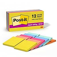 Post-it Recycled Super Sticky Notes, 3x3 in, 12 Pads, 2X Sticking Power, Summer Joy Collection (654-12SST)