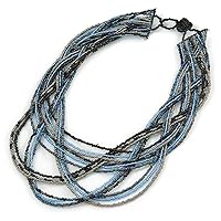 Black/Silver/Blue Multistrand Bib Style Necklace - 50cm L