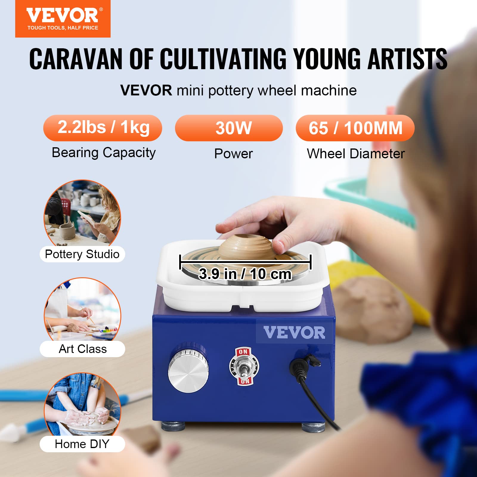 VEVOR Mini Pottery Wheel, for Kids or Beginners, 2 Turntables 2.6in/3.9in Ceramic Wheel Machine, Adjustable 0-300RPM Speed ABS Detachable Basin, 17 Pottery Accessories, Work Art Craft DIY, 30W, Blue