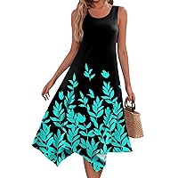 Summer Sun Dress Summer Dresses for Women 2024 Vintage Floral Print Casual Fashion with Sleeveless Round Neck Flowy Swing Dress Cyan Medium