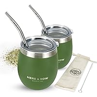 Here & Now Yerba Mate Cup and Bombilla Set | 2 Mate Gourds, Spill Resistant Lids, & Mate Straws | Bombilla Brush & Pouch Included | Yerba Mate Gourd Kit with Bombilla Mate & Mate Tea Cups (Green)