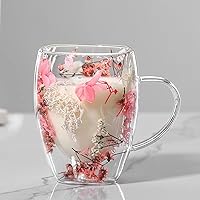 Double Walled Glass Coffee Mugs Espresso Cups,Pink Clear Coffee Mug Cappuccino Cup With Handle Unique Flower Filler Glass Coffee Cups For Tea Milk Latte Hot Cold Beverage Wine Espresso Accessories