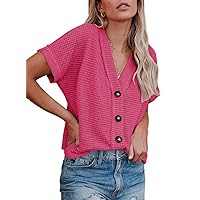 Dokotoo Womens Summer Tops 2024 Waffle Knit Button Down Shirts Casual V Neck Short Sleeve Shacket Jacket Dressy Blouses