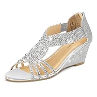 PIZZ ANNU Women's Diana Low Wedge Sandals Sparkly Rhinestone Open Toe Fashion Dress Shoes for Woman Lady in Bridal Dance Evening