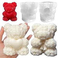 2-Pack 3D Rose Bear Candle Molds, Valentine's Day Silicone Molds, DIY Paint Your Own Heart or Bow-Tie Rose Bear Candle, Home Gifts Making Wax Ceramic Clay Mother’s Day Gift Birthday Gift