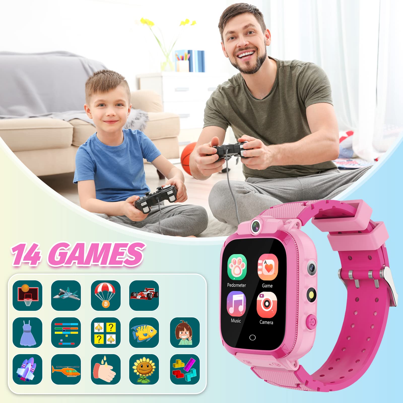 Kids Smart Watch for Girls Boys Ages 3-12 Years,Toddler Wrist Watch mp3 music player 14 Puzzle Games with Dual Cameras Video Player/Recorder Pedometer Torch Children Birthday Festival Gifts Toys