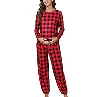 Women's Maternity Pajama Set Casual Christmas Plaid Long Sleeve Sleepwear with Long Pants Soft Loungewear Pj Set Black Red Plaid M