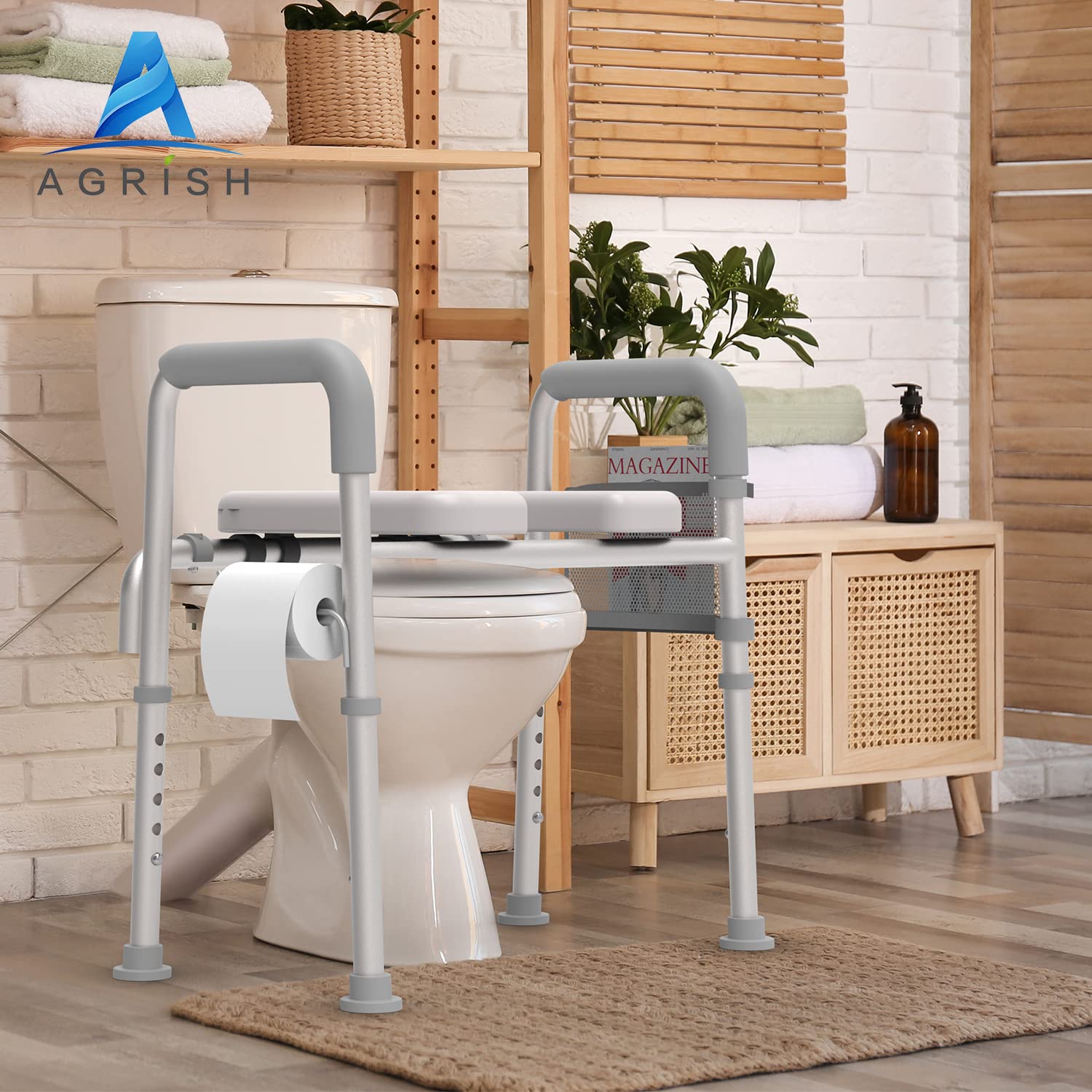AGRISH Raised Toilet Seat with Handles - Cozy Padded Elevated Medical Commode w/Storage Bag & Paper Holder - 350lb Adjustable Safety Assist Shower Chair for Elderly, Handicap, Pregnant