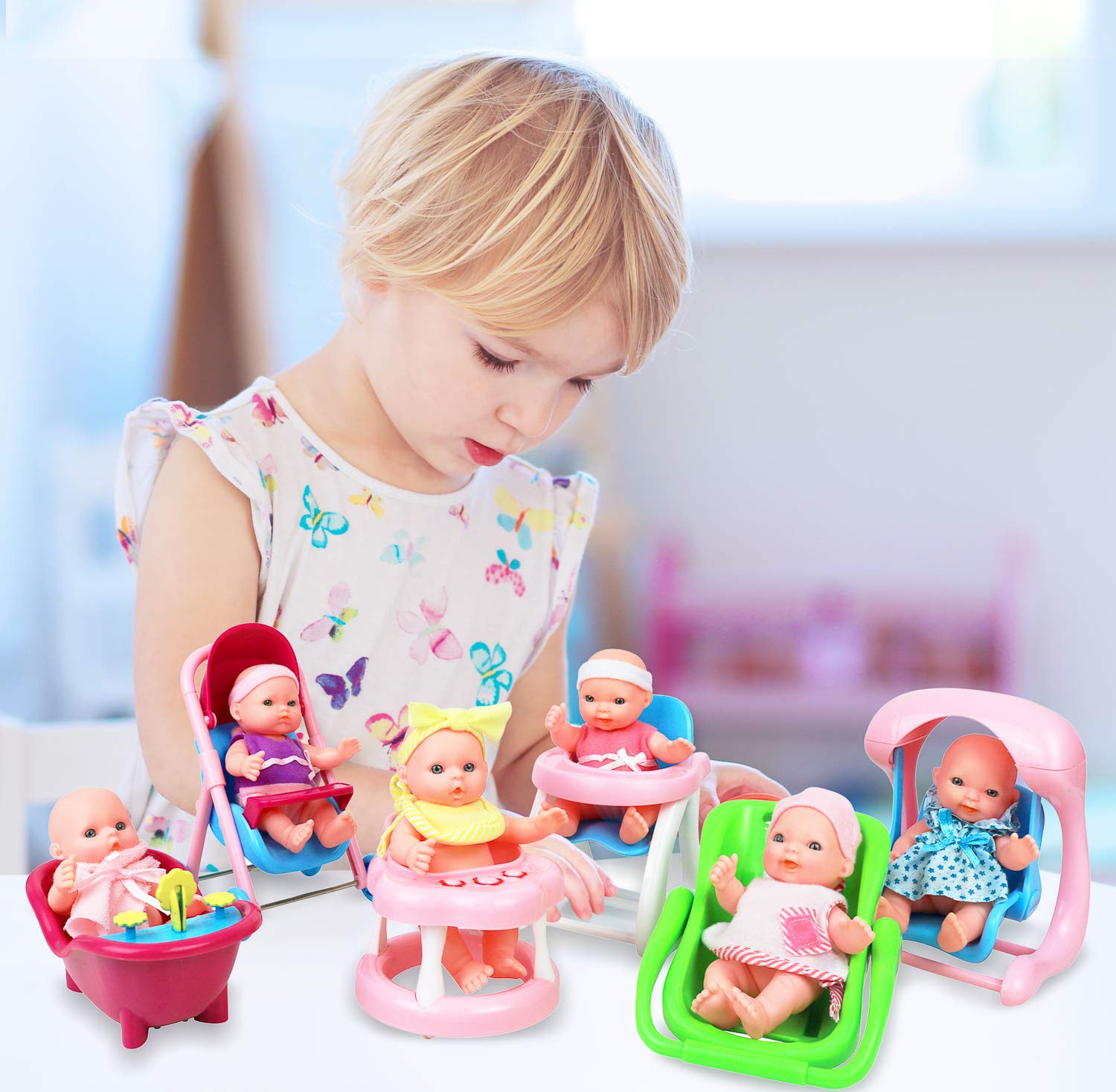 Click N' Play Mini 5 Inch Baby Girl Toy Dolls with Stroller, High Chair, Bathtub, Infant Seat, and Swing Accessories for Girls 3-6 Years Old