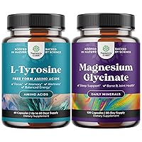Bundle of Free Form L Tyrosine 500mg Capsules - High Strength L-Tyrosine Supplement for Mental Energy and Focus Support and Magnesium Glycinate 400mg Per Serving for Mood Sleep and Relaxation