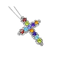 Natural Peridot Garnet Amethyst Multi Gemstone 925 Sterling Silver Holy Cross Pendant Necklace Multi Stone Jewelry Love and Friendship Gift(PD-8330)