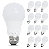 Feit Electric A19 LED Light Bulb, 75W Equivalent, Dimmable, 1100 Lumens, E26 Standard Base, 3000K Bright White, 90 CRI, Standard Light Bulb, Damp Rated, 22-Year Lifetime, OM75DM/930CA/2/6, 12 Pack