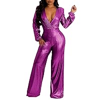 Women Sexy Long Sleeve V Neck Jumpsuits Slim Fit Nightclub Style Long Sleeve Wide Leg Jumpsuit