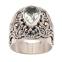 NOVICA Artisan Handmade 18k Gold Accent Prasiolite Cocktail Ring Ornate Balinese Silver with Accents Sterling Single Stone Indonesia Gemstone Traditional 'Checkerboard Teardrop'