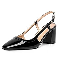 Womens Wedding Solid Slingback Square Toe Patent Dress Buckle Chunky Mid Heel Pumps Shoes 2.5 Inch