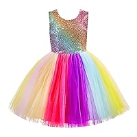 5t to 12Y Sequin Dress Kids Girls Dress Sleeveless Round Neck Colorful Mesh Spliced Bow Tie