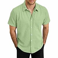 Mens Cotton Linen Shirt Short Sleeve Casual Button Down Shirt Solid Lightweight Soft Touch Linen Shirt