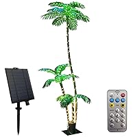 Solar Artificial Palm Tree Christmas Tree 7Ft 3Trunks 245LED Lighted Simulation Tropical Palm Tree Fake Plant Light for Patio Home Office Beach Yard Cruise Party Tiki Bar Decorations Solar Green