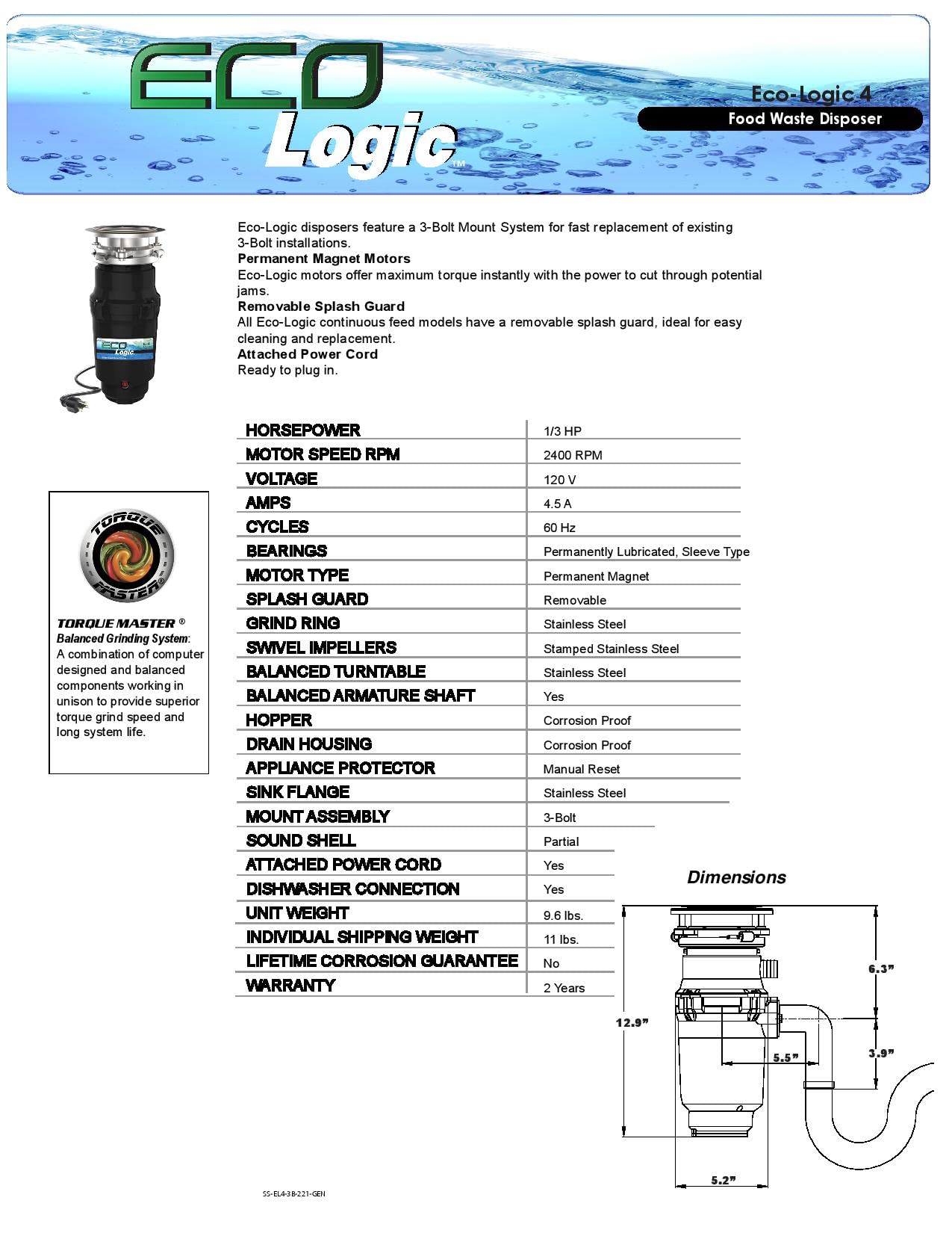 Eco Logic 10-US-EL-4-3B 1/3 Horsepower Garbage Disposal with Removeable Splash Guard, Attached Power Cord and Standard 3-Bolt Mounting System, Continuous Feed, Black