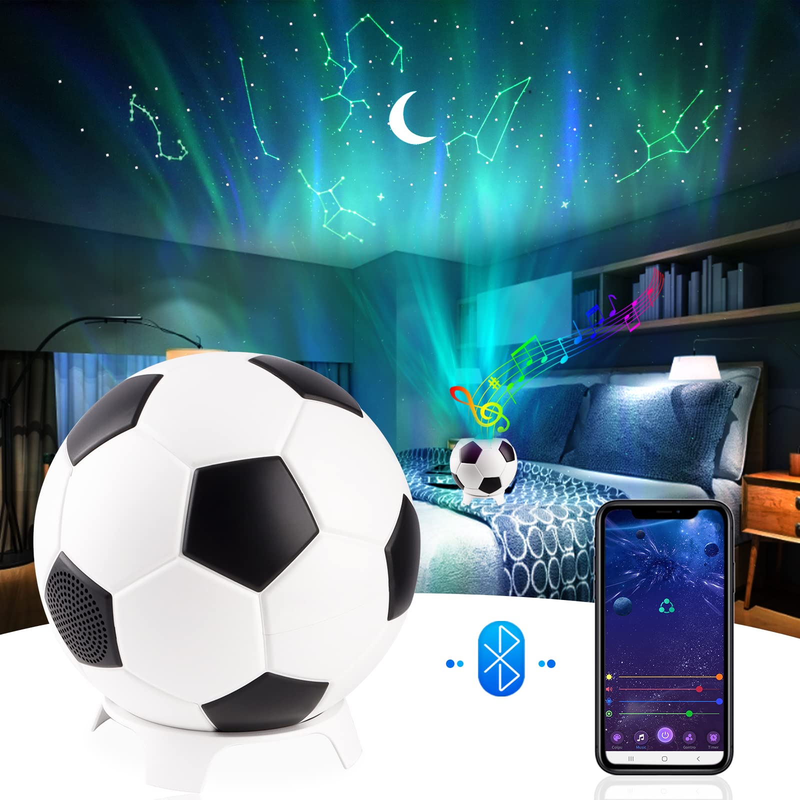 Constellations Star Porjector Night Light Soccer Football Design Northern Lighting Lamp with Bluetooth Music Speaker USB Charger Aurora Sky Ambianc...