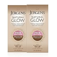 Jergens Natural Glow Face Self Tanner Lotion, SPF 20 Sunless Tanning, Medium to Deep Skin Tone Moisturizer, Daily Facial Sunscreen, Oil Free, Broad Spectrum Protection, 2-2 oz
