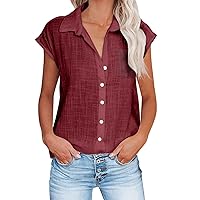 Women Summer Lapel Blouses Button Down V Neck Work Shirts Casual Plain Loose Trendy Tops Cotton Linen T Shirt