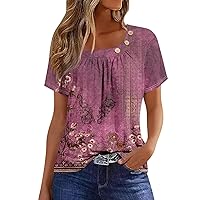 Fashion Oversized Birthday Tunic for Women Short Sleeve Winter Comfortable Print Tops for Womens Button Fit Pink S