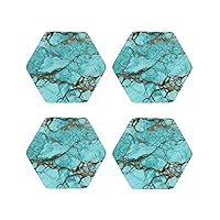 Leather Drink Coasters Set of 4 Turquoise Marble Print Coaster with Holder Waterproof Heat-Resistant Round Cup Mat Pad for Hot Cold Drink Non-Slip Coffee Coasters for Living Room Kitchen Bar