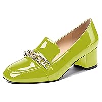 MODENCOCO Women's Patent Loafers Metal Chain Casual Business Square Toe Slip On Chunky Low Heel Pumps Shoes 2 Inch