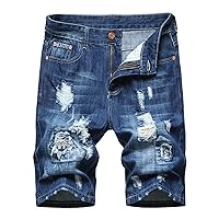 Men's Fashion Denim Shorts Summer Ripped Jeans Straight Type Bermuda Shorts Regular Jean Shorts for Men Knee Length