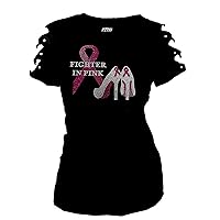 Breast Cancer Bling Rhinestones Fighter in Pink T-Shirt Ripped Cut Out Sh