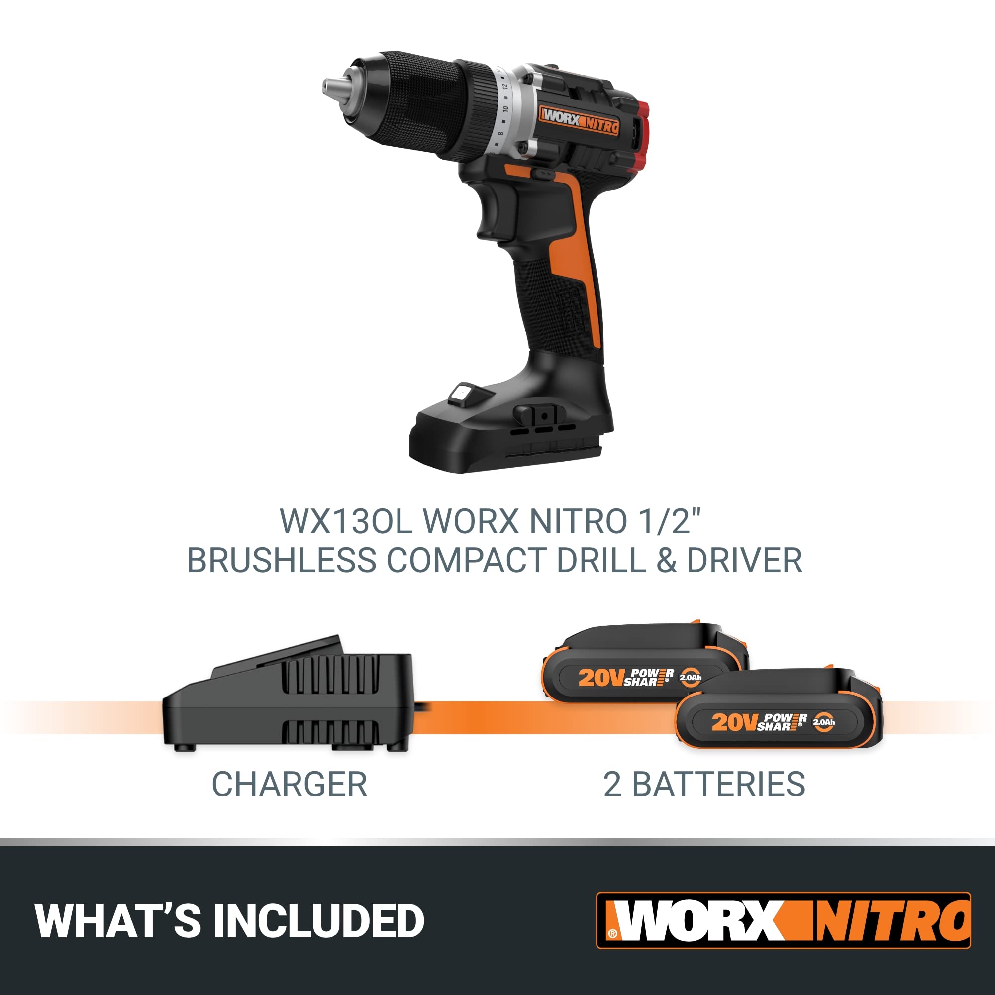 Worx WX130L 20V Nitro Compact Brushless 1/2” Drill/Driver with Power Share - (Batteries & Charger Included)