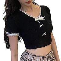 y2k Loose White T-Shirt Chic Lace See-Through Corset Print Short Sleeve Crewneck Women's Crop Top Casual Streetwear Tees