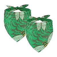 2 Packs Square Dog Bandana Cicada with Green Forest Leaves Background Printing Pet Drool Bibs Adjustable Kerchief Scarf Set for Small Medium Large Puppy Cat Pets