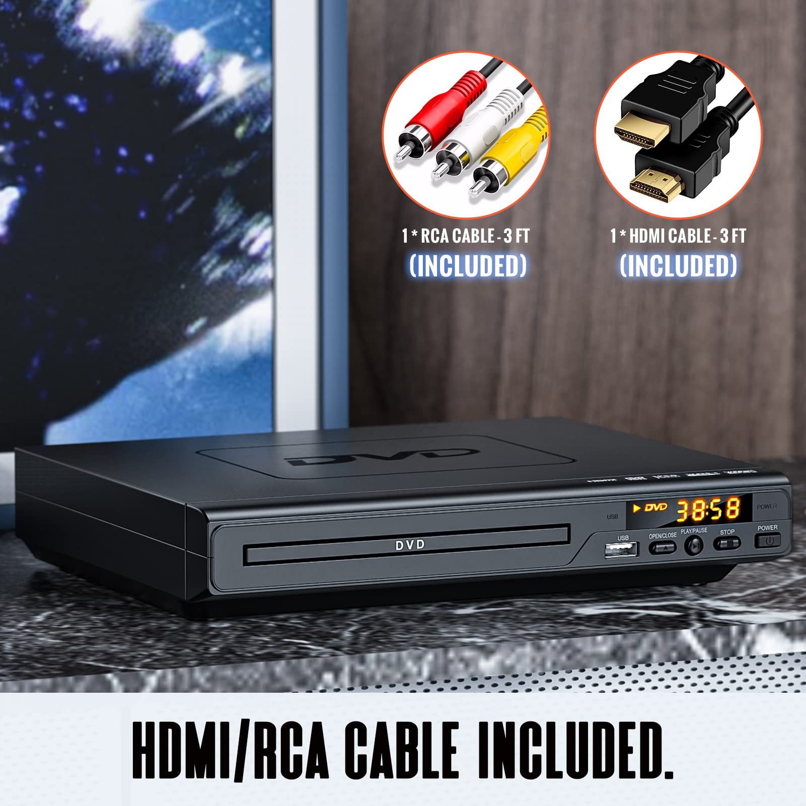 DVD Players for TV with HDMI, DVD Players That Play All Regions, Simple DVD Player for Elderly, CD Player for Home Stereo System, HDMI and RCA Cable Included