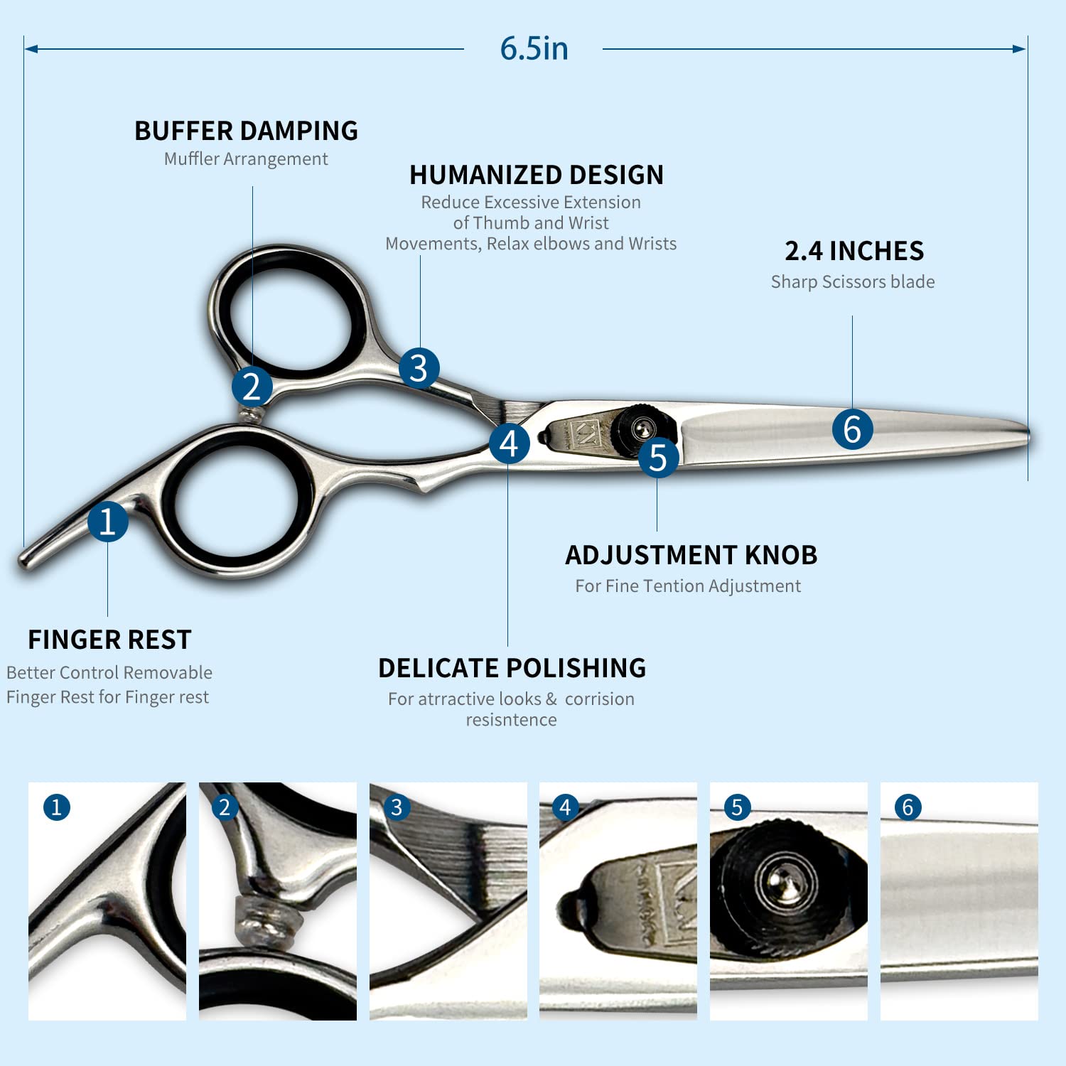 Hair Scissors Professional - 6.5 Inch Razor Edge Barber Scissors for Precision Cutting and Effortless Styling - Fine Adjustment Tension Screw - Salon and Home Use for Women, Men, and Kids (Silver)