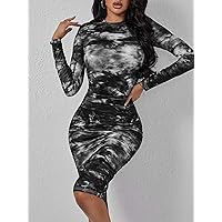 Dresses for Women - Tie Dye Mock Neck Ruched Side Bodycon Dress (Color : Black, Size : Small)