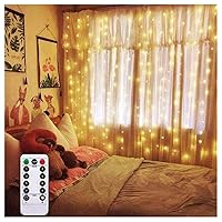 Curtain Lights 6.5ft x 6.5ft Warm White Backdrop LED Window Fairy String Lights Battery Operated with 8 Modes Remote Control Timer for Bedroom Wedding Party Christmas Indoor Outdoor