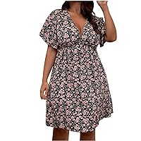 Floral Leaves Print Ruffle Short Sleeve V Neck Warp Dress for Women Casual Loose Summer Plus Size Pleated Flowy Dress