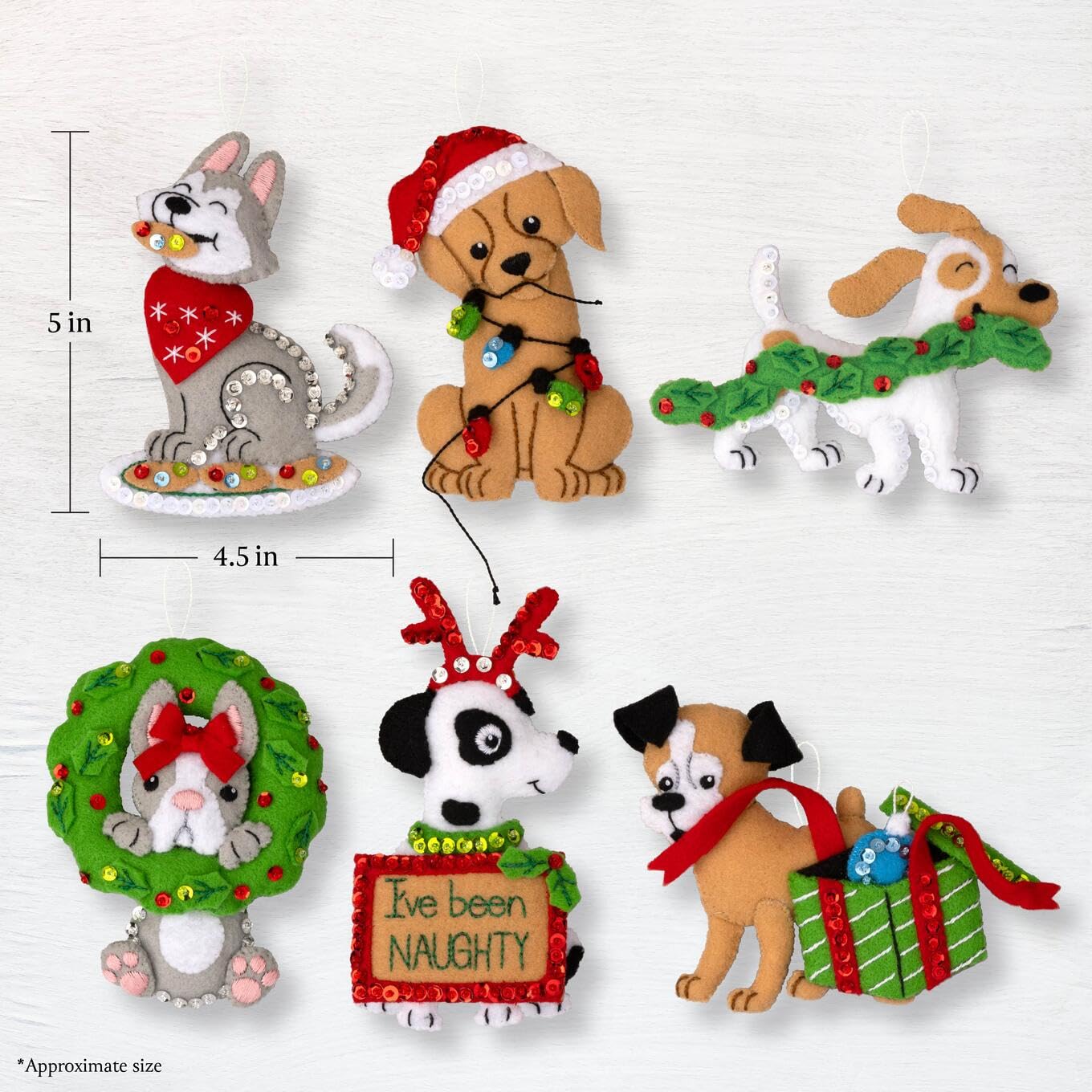 Bucilla, Mischievous Puppies, Felt Applique 6 Piece Ornament Making Kit, Perfect for Holiday DIY Arts and Crafts, 89642E