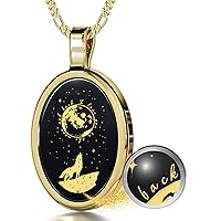 I Love You to the Moon and Back Necklace Pure Gold Inscribed with Nostalgic Howling Wolf and Stars on Onyx Gemstone Romantic Pendant for Women, 18