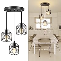 Licperron Industrial 3-Light Pendant Light, Adjustable Kitchen Hanging Ceiling Light Fixtures with Metal Cage, Black Farmhouse Pendant Lighting for Kitchen Island Dining Room Hallway, E26 Base
