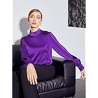 Women's T-Shirts Mock Neck Button Side TOP T-Shirts (Color : Purple, Size : Medium)