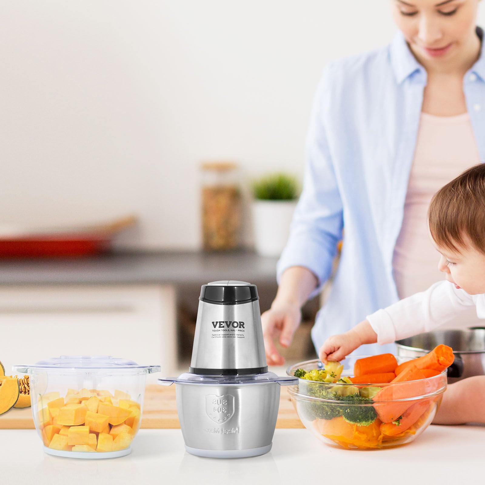 VEVOR Food Processor, Electric Meat Grinder with 4-Wing Stainless Steel Blades, 8 Cup+5 Cup Two Bowls, 400W Electric Food Chopper, 2 Speeds Food Grinder for Baby Food, Meat, Onion, Vegetables