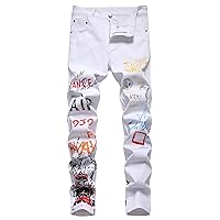 Enrica Men's Straight Slim Fit Ripped Distressed Jeans with Patches Pants