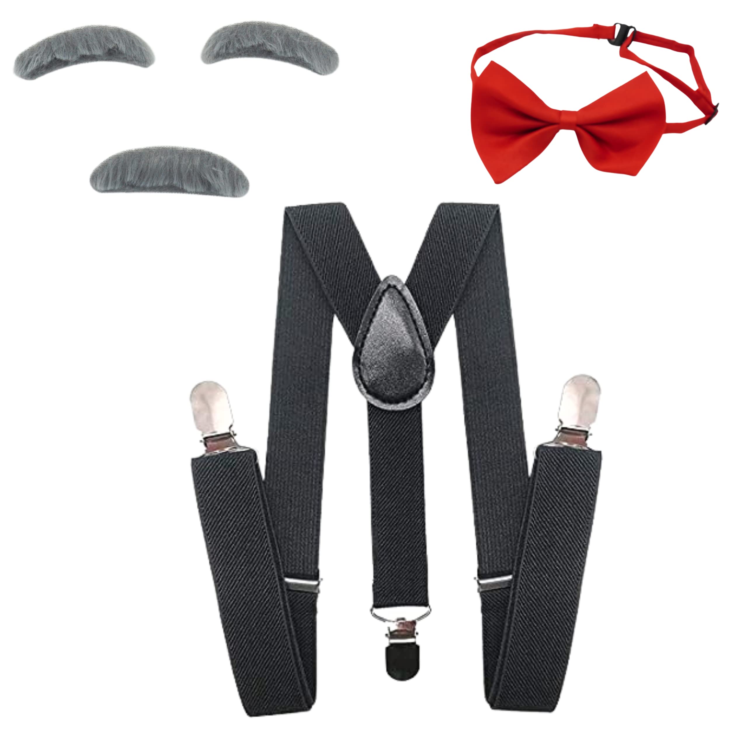 4E's Novelty Kids Old Man Costume Set - Includes Suspenders, Gray Fake Mustache & Eyebrows, Bow Tie - 100 Days of School Costume for Boys, Old Man Costume for Kids