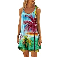 Spring Dresses for Women 2024 Printed Pleated Beach Dress Sleeveless Flowy Sun Dress Casual Vacation Trendy Dress