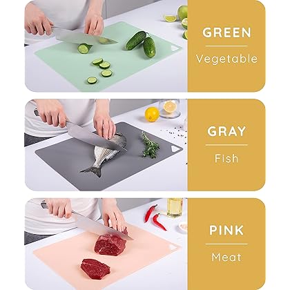 Extra Thin Flexible Cutting Boards for Kitchen - Mats Cooking, Colored Mat Set, Non-Slip Sheets, Plastic Board Set of 3, 15